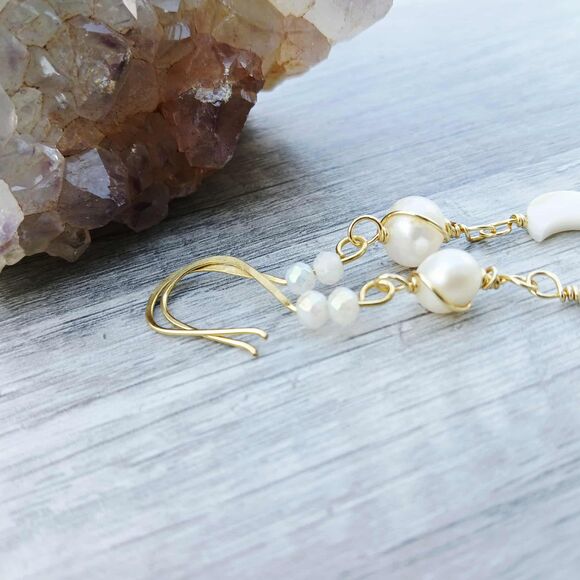 Long Statement Freshwater Pearl, Apple Coral, Seashells, Moons, & Stars Earrings - Picture 9 of 9